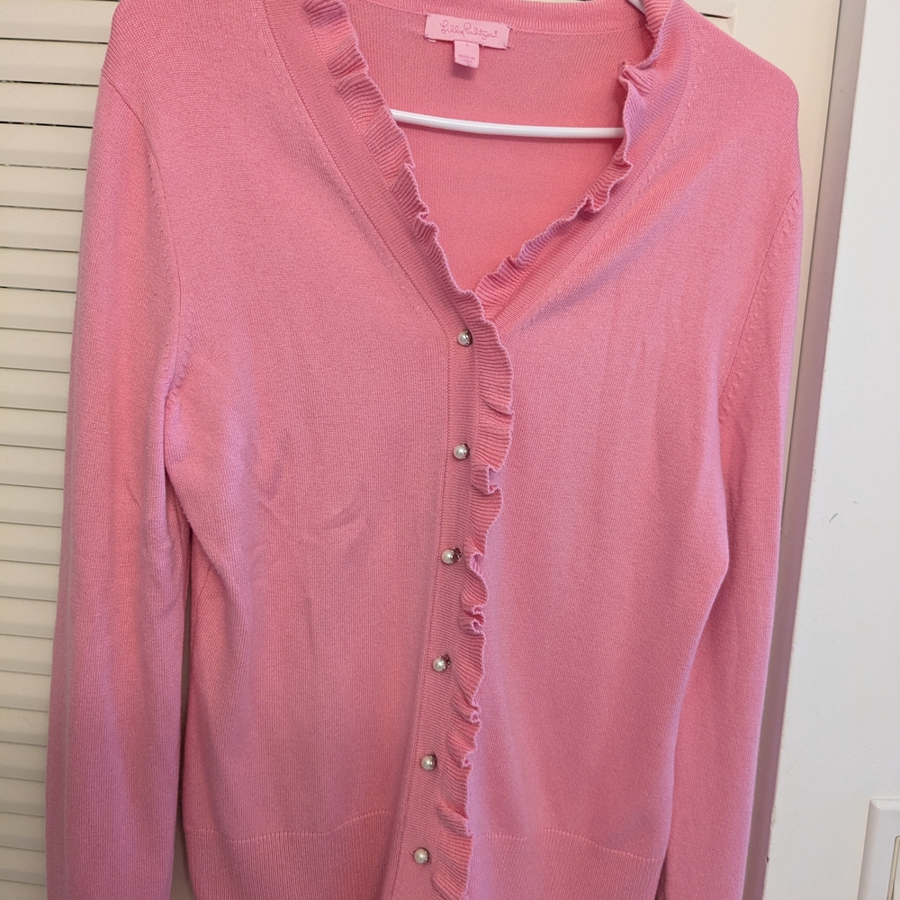 Pink Ruffled Cardigan Sweater